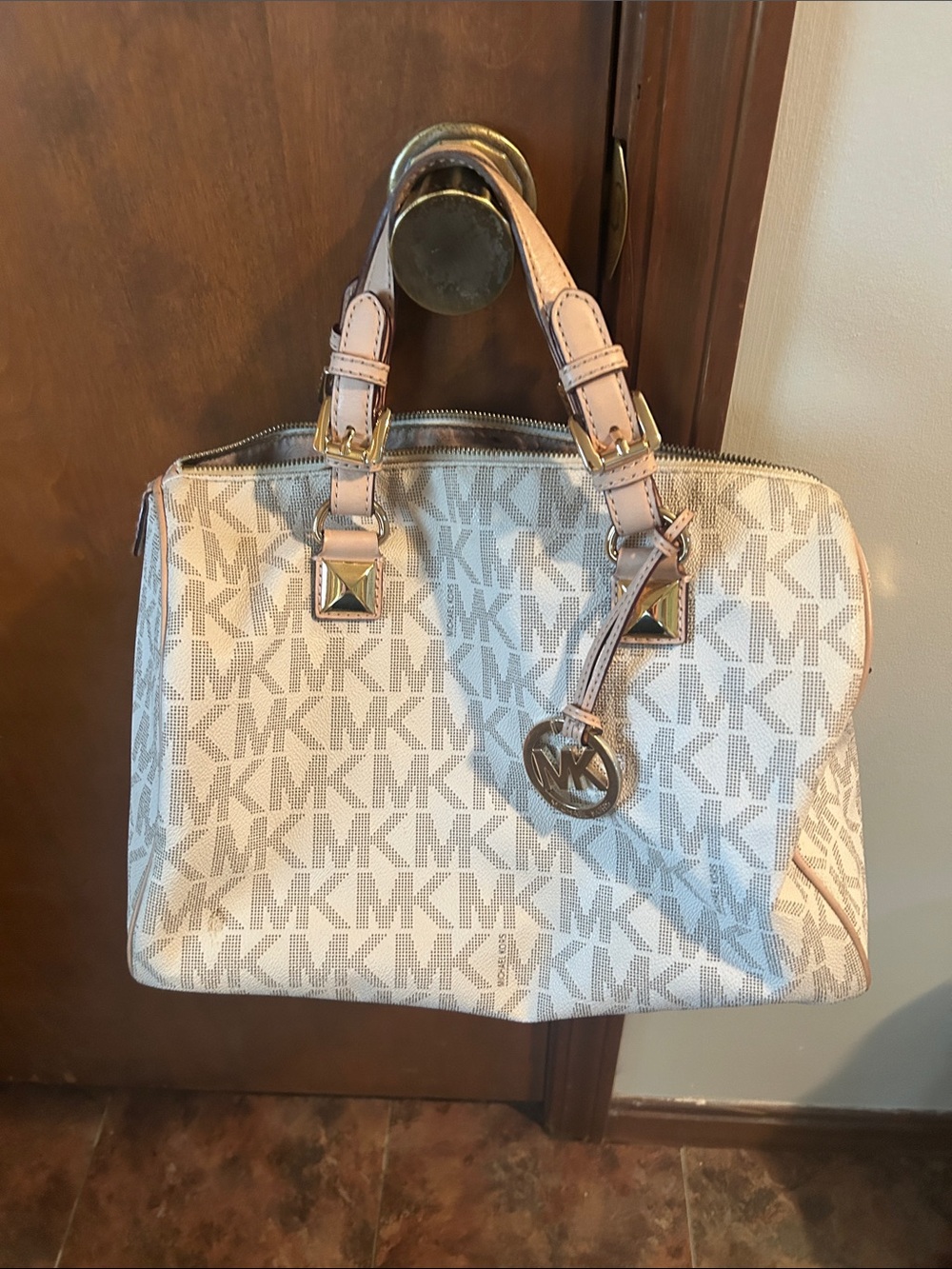 MICHAEL Michael Kors Pink and Ivory MK Logo Satchel with Gold Accent